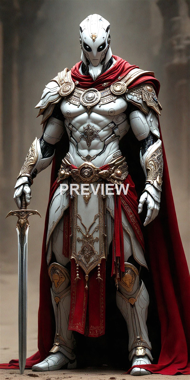 A highly detailed, futuristic armored warrior with a sleek white and gold design, wearing a red cape and holding a sword, standing in a desert-like environment.